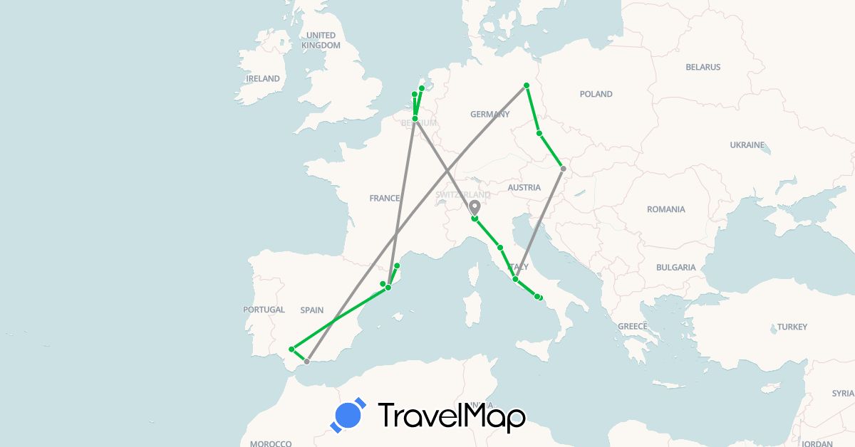 TravelMap itinerary: driving, bus, plane in Austria, Belgium, Czech Republic, Germany, Spain, France, Italy, Netherlands (Europe)